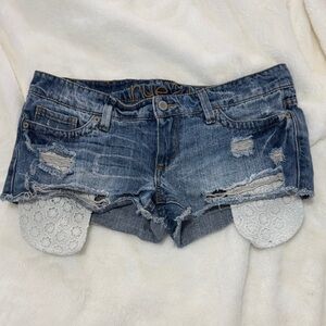 Rue21 Blue Distressed Jean Shorts with White Lace Accents